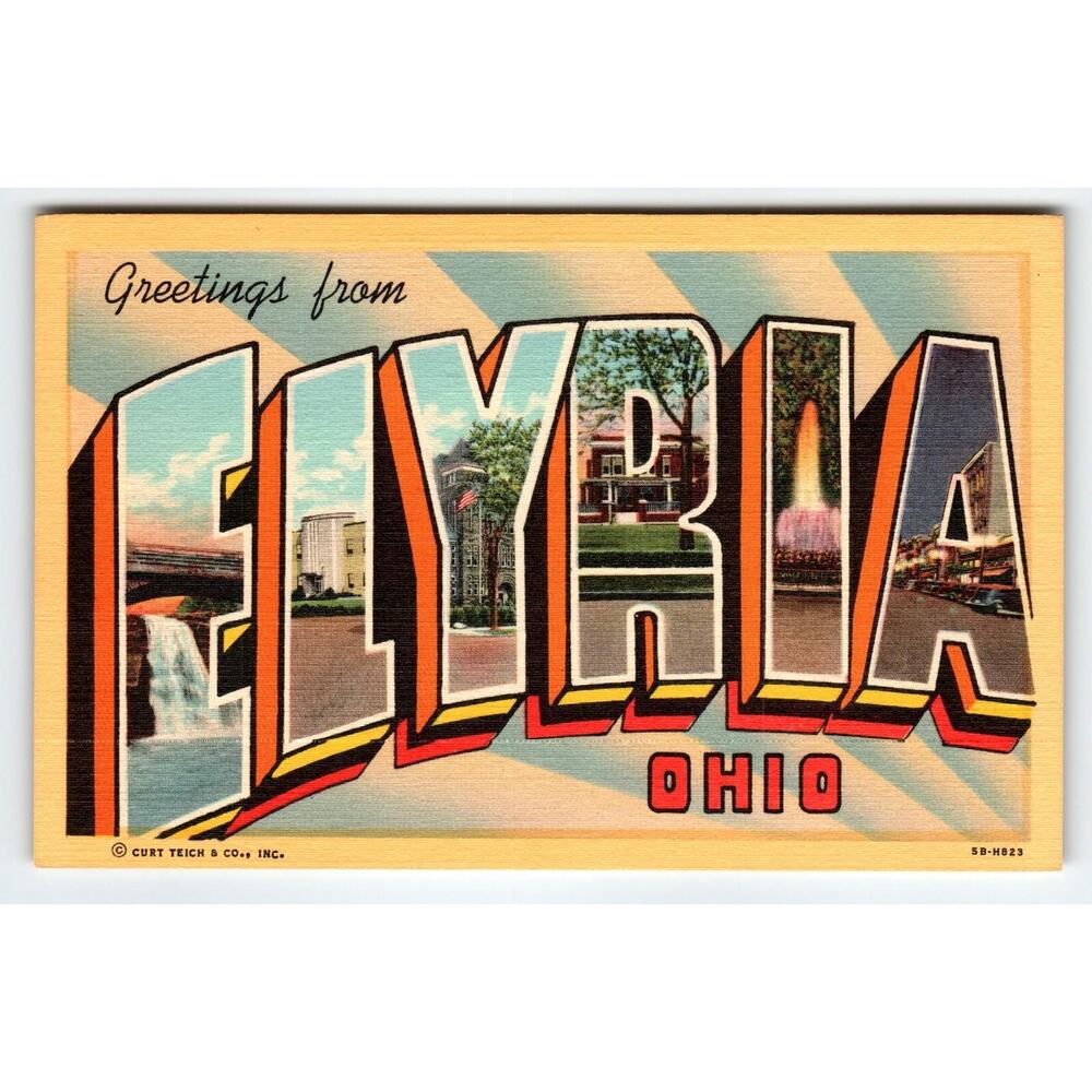 Greetings From Elyria Ohio 1940s Large Letter Linen Postcard Curt Teich Vintage
